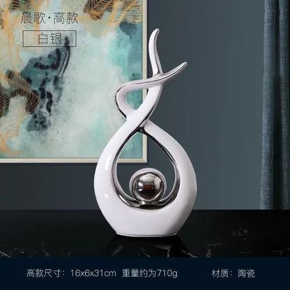 White and gold ceramic abstract figurine set for living room decor