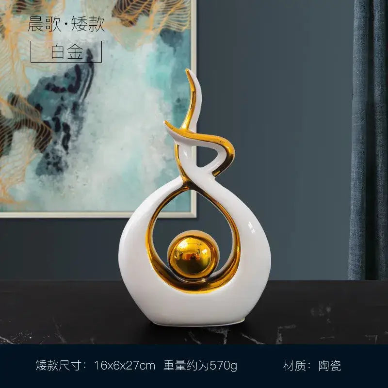 White and gold ceramic abstract figurine set for living room decor