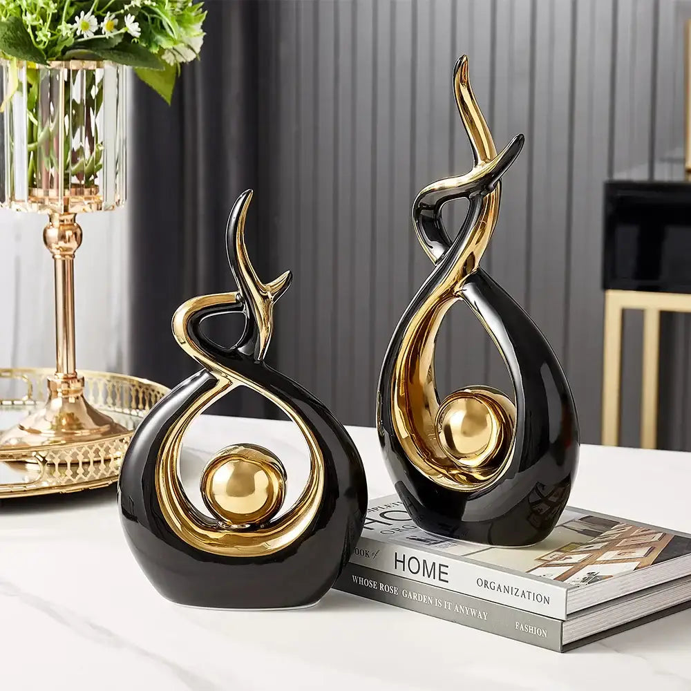 White and gold ceramic abstract figurine set for living room decor