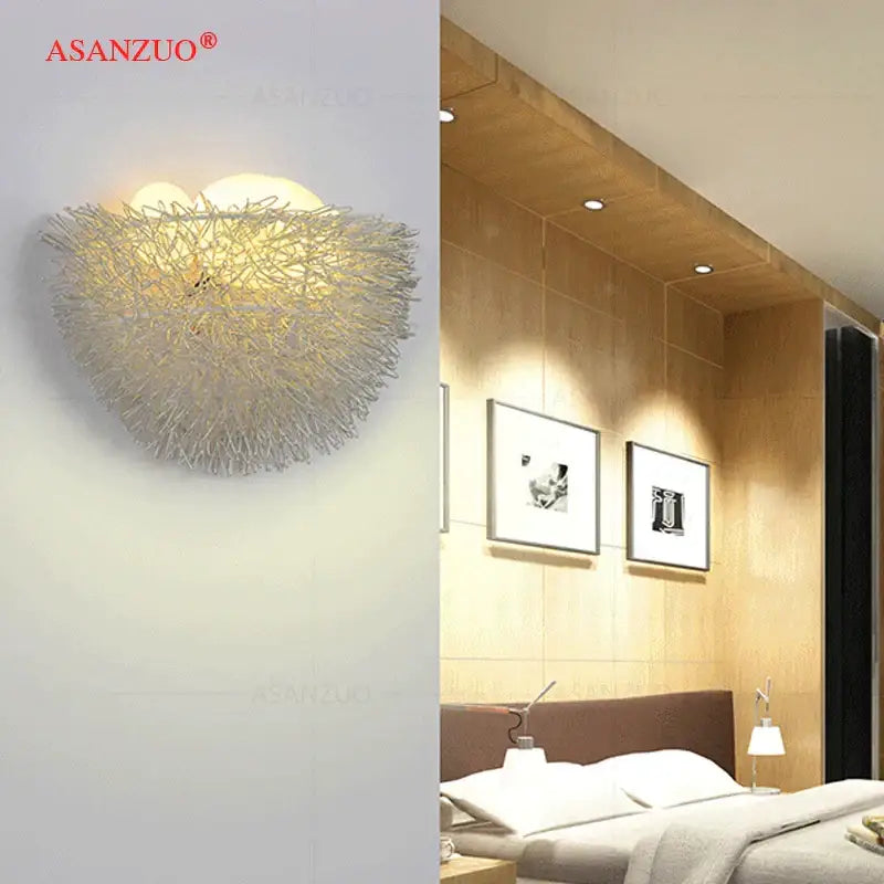 White and gold ceramic birds nest wall lamp for children room