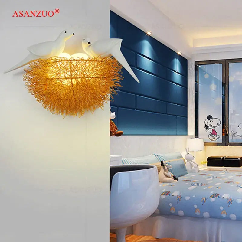 White and gold ceramic birds nest wall lamp for children room