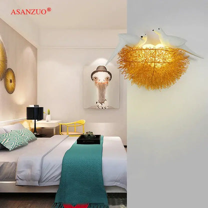 White and gold ceramic birds nest wall lamp for children room