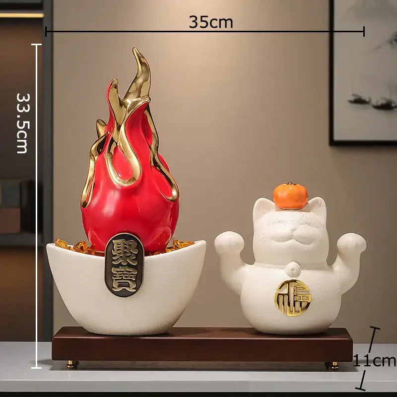 White and gold ceramic lucky cat feng shui ornament living room decor