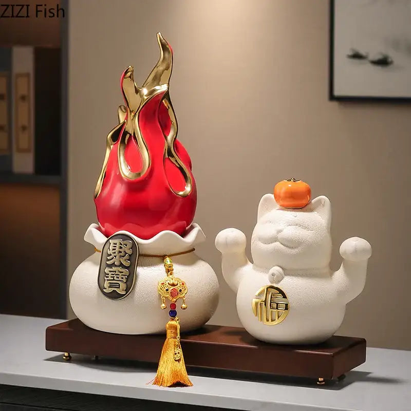 White and gold ceramic lucky cat feng shui ornament living room decor