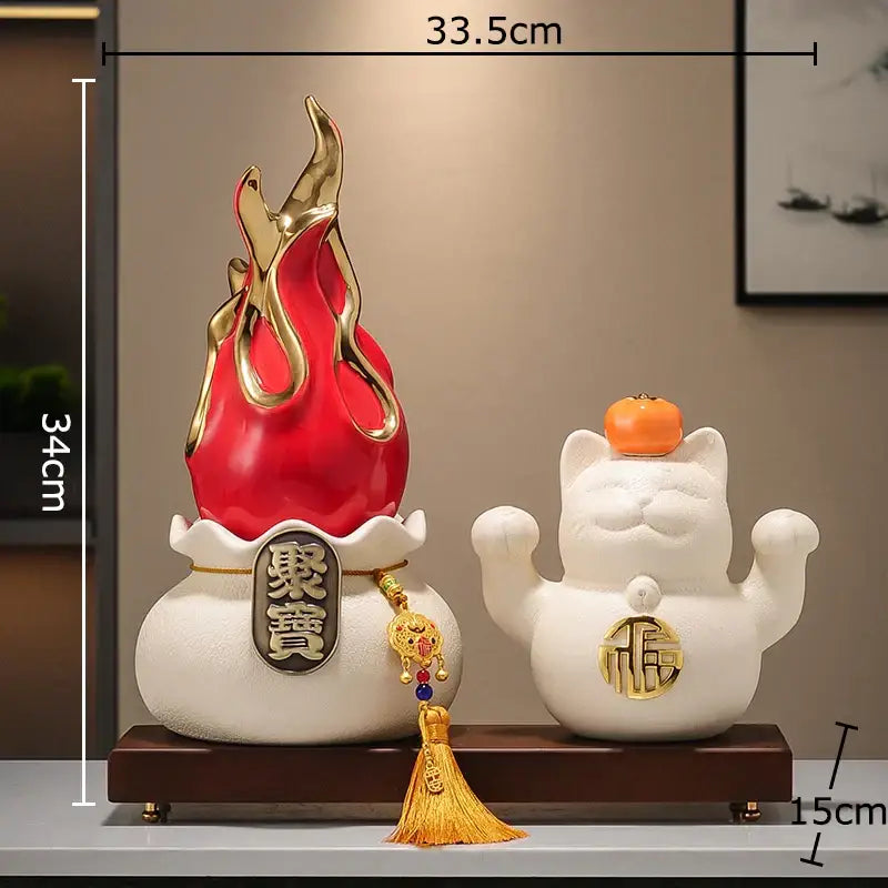 White and gold ceramic lucky cat feng shui ornament living room decor