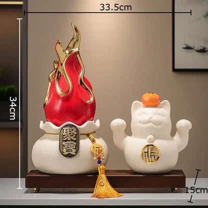 White and gold ceramic lucky cat feng shui ornament living room decor