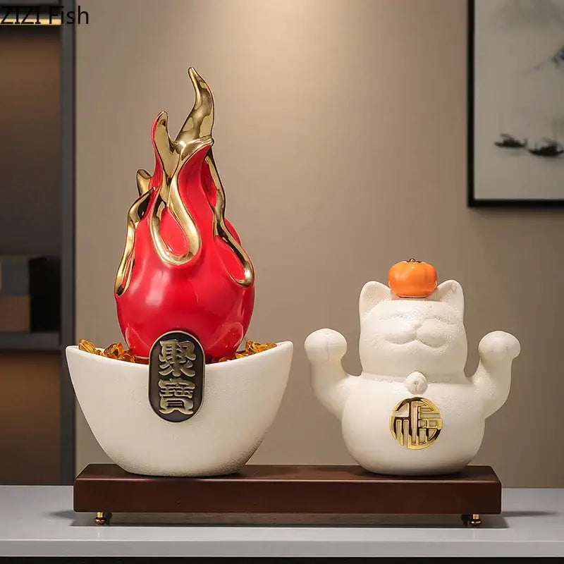 White and gold ceramic lucky cat feng shui ornament living room decor