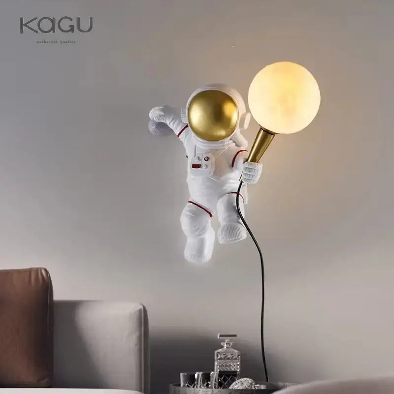 White and gold astronaut moon wall lamp bedroom light