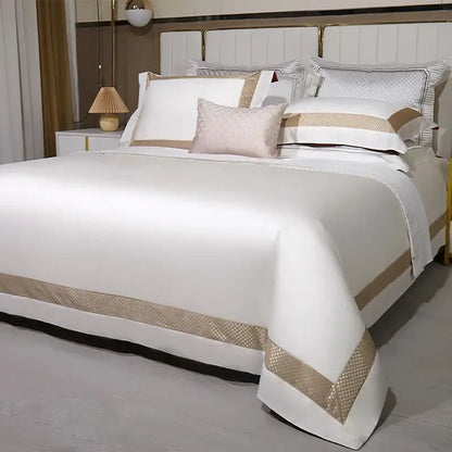 White and gold egyptian cotton bedding set with gold embroidery bedroom