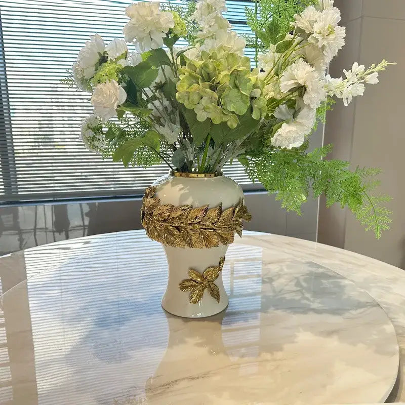 White and gold leaves ceramic flower vase living room decor