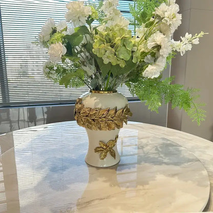 White and gold leaves ceramic flower vase living room decor