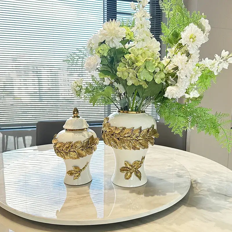 White and gold leaves ceramic flower vase living room decor