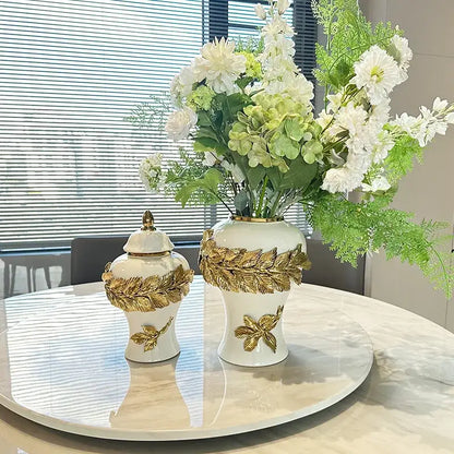 White and gold leaves ceramic flower vase living room decor