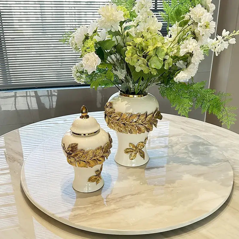 White and gold leaves ceramic flower vase living room decor