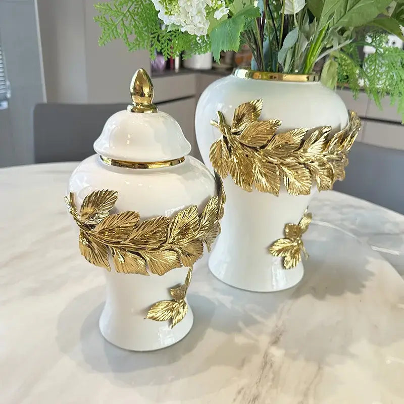 White and gold leaves ceramic flower vase living room decor