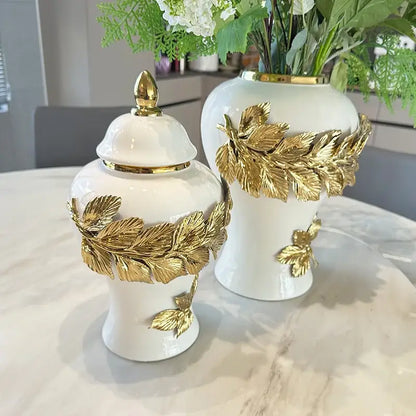 White and gold leaves ceramic flower vase living room decor