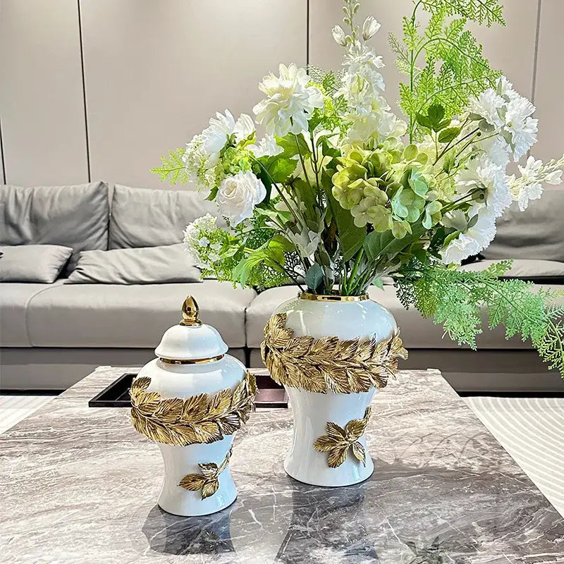 White and gold leaves ceramic flower vase living room decor