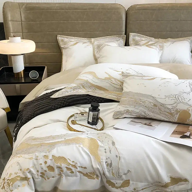 White and gold marble egyptian cotton luxury bedding set bedroom