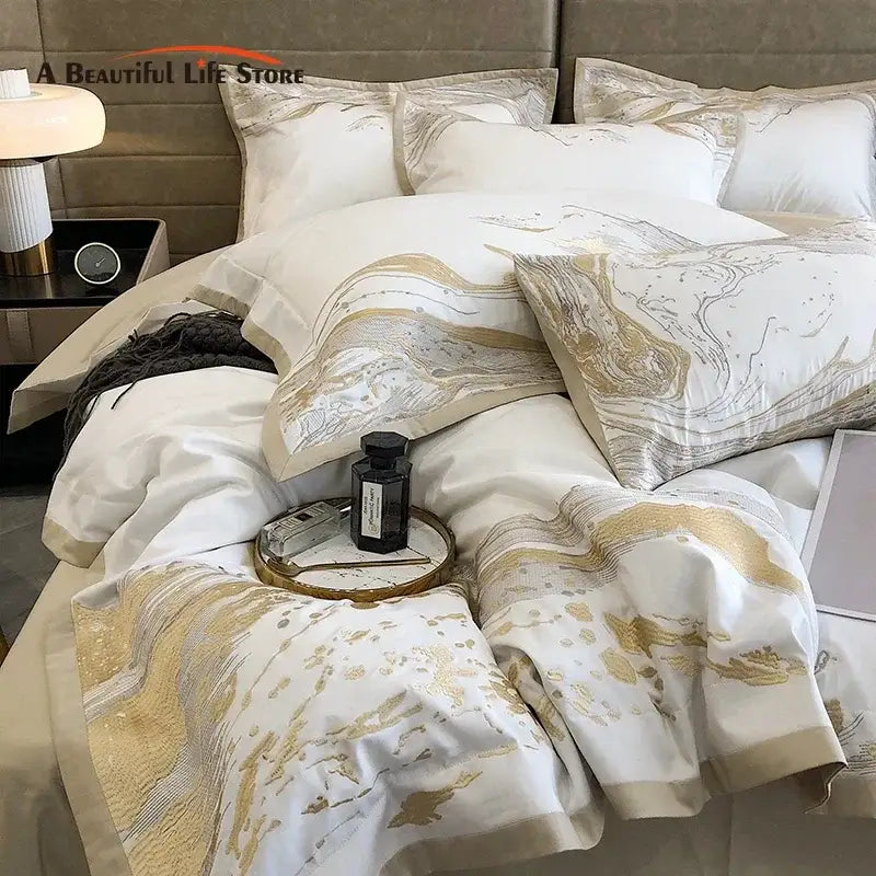 White and gold marble egyptian cotton luxury bedding set bedroom