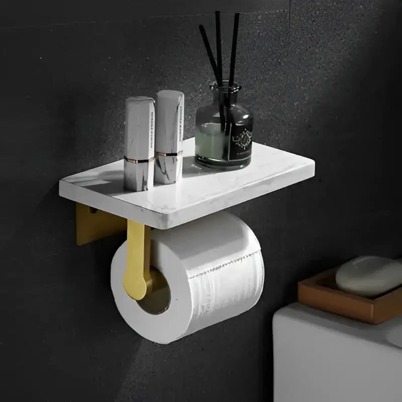 White and gold marble toilet paper holder bathroom shelf
