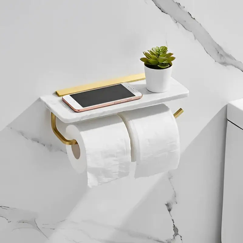 White and gold marble toilet paper holder bathroom shelf