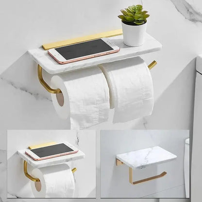 White and gold marble toilet paper holder bathroom shelf