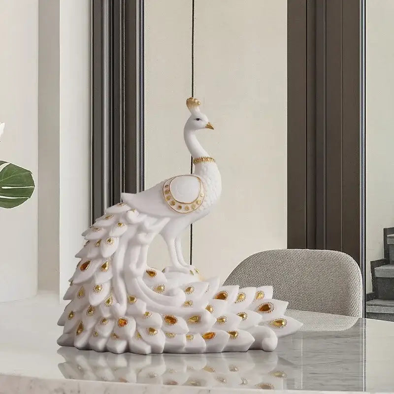 White and gold peacock sculpture living room home decor ornament