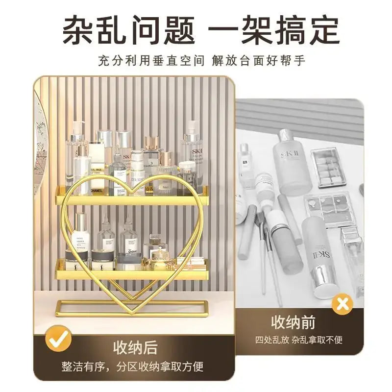 White and golden makeup organizer heart two tier shelf bedroom
