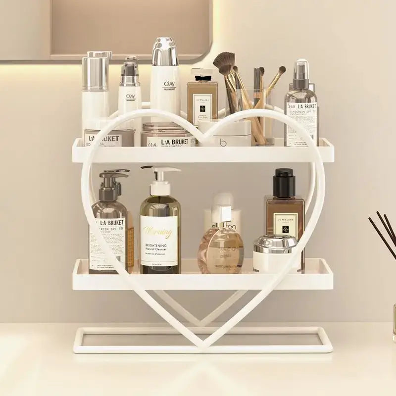 White and golden makeup organizer heart two tier shelf bedroom