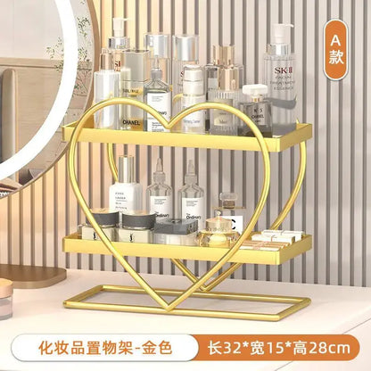 White and golden makeup organizer heart two tier shelf bedroom