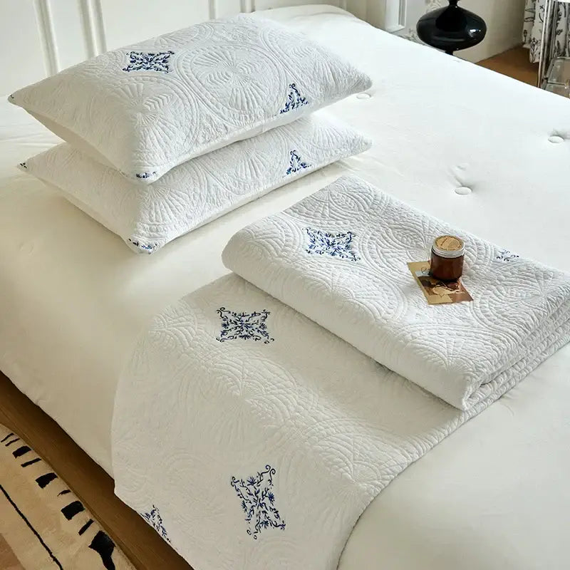White and gray blue cotton quilted embroidered bedspread set bedroom