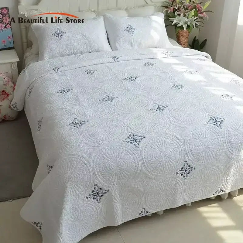 White and gray blue cotton quilted embroidered bedspread set bedroom