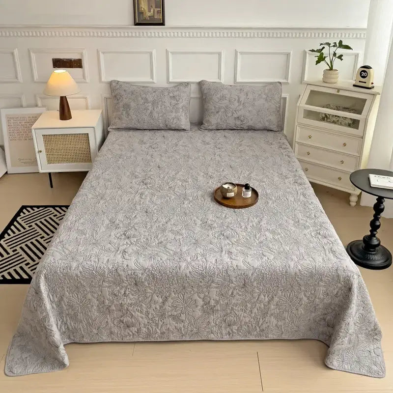 White and gray blue cotton quilted embroidered bedspread set bedroom