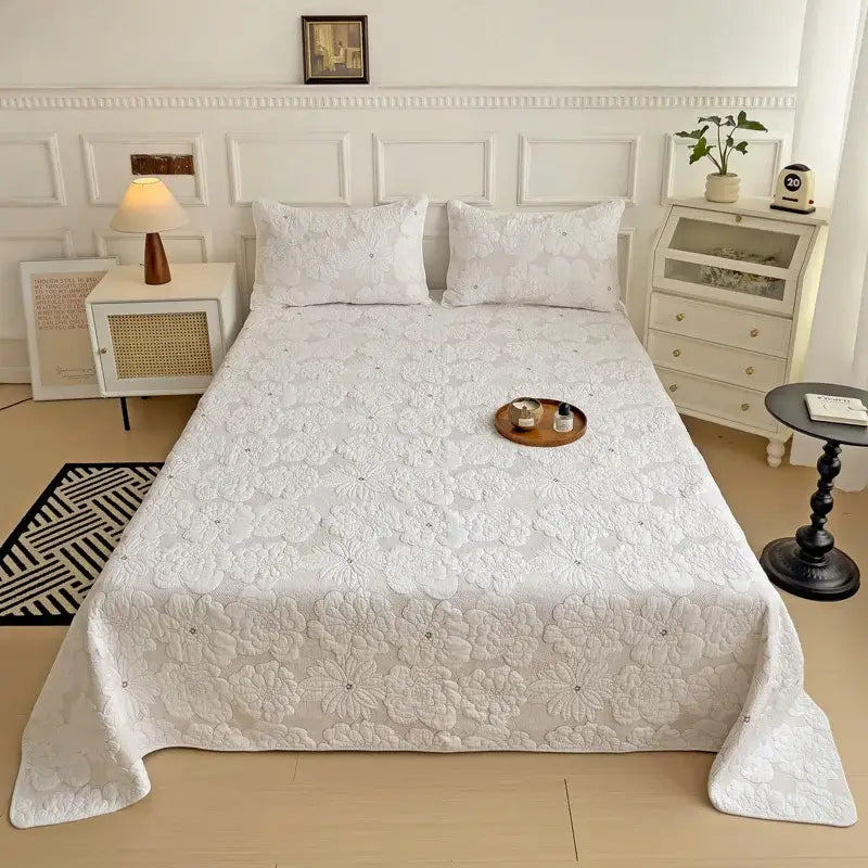 White and gray blue cotton quilted embroidered bedspread set bedroom