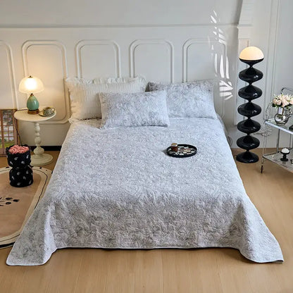 White and gray blue cotton quilted embroidered bedspread set bedroom