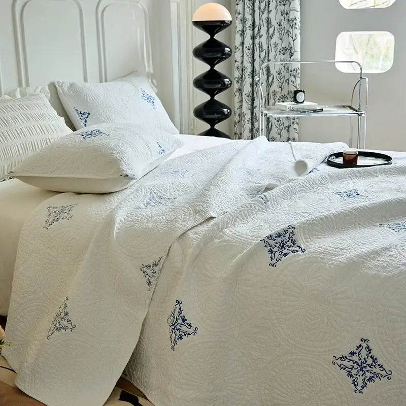 White and gray blue cotton quilted embroidered bedspread set bedroom