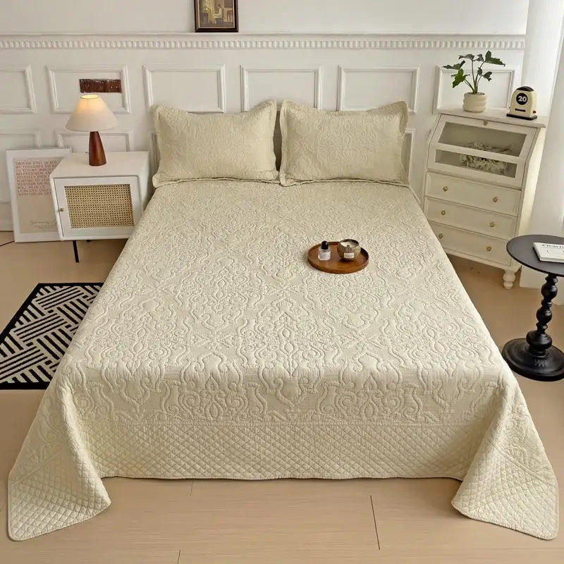 White and gray blue cotton quilted embroidered bedspread set bedroom