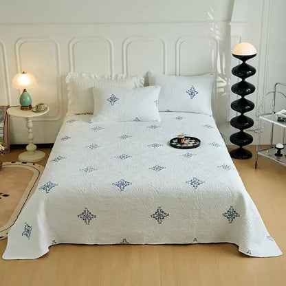 White and gray blue cotton quilted embroidered bedspread set bedroom