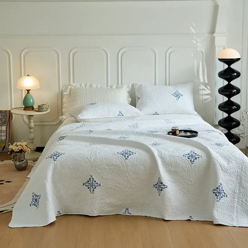 White and gray blue cotton quilted embroidered bedspread set bedroom