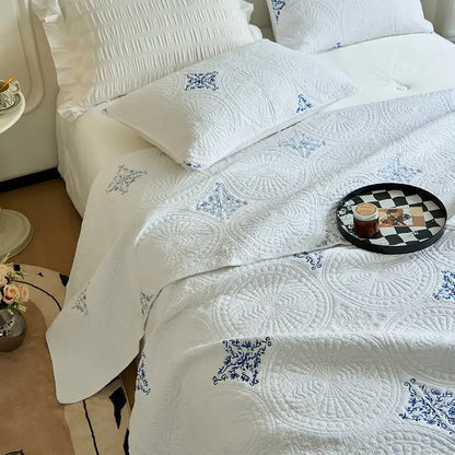 White and gray blue cotton quilted embroidered bedspread set bedroom