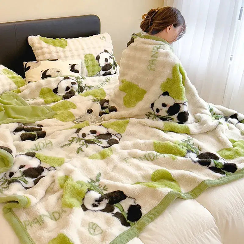 White and green cartoon printed faux rabbit plush blanket bedroom