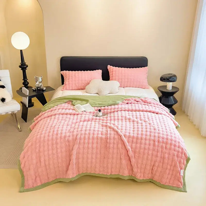 White and green cartoon printed faux rabbit plush blanket bedroom
