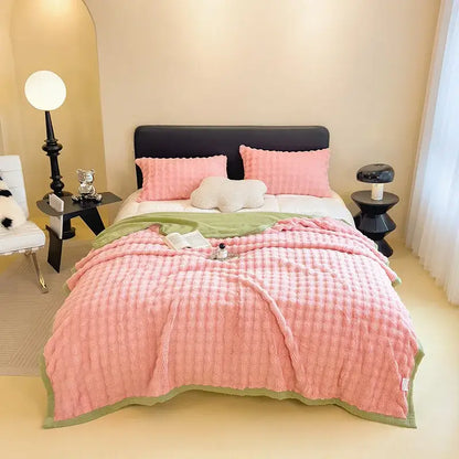 White and green cartoon printed faux rabbit plush blanket bedroom