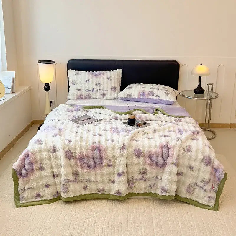White and green cartoon printed faux rabbit plush blanket bedroom