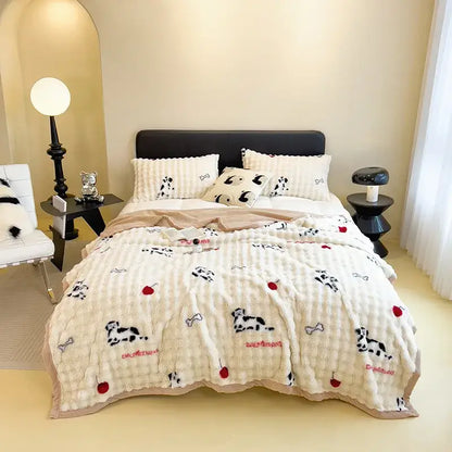 White and green cartoon printed faux rabbit plush blanket bedroom