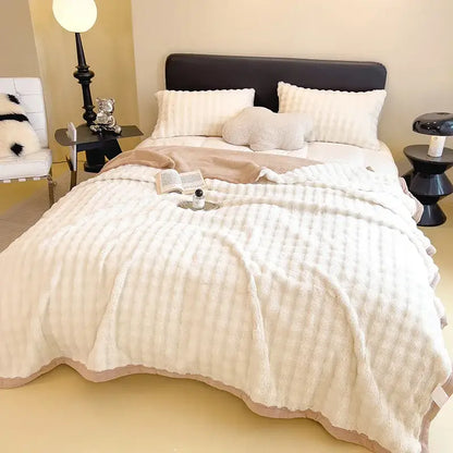 White and green cartoon printed faux rabbit plush blanket bedroom