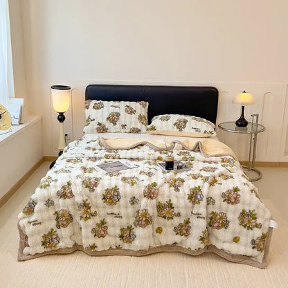 White and green cartoon printed faux rabbit plush blanket bedroom