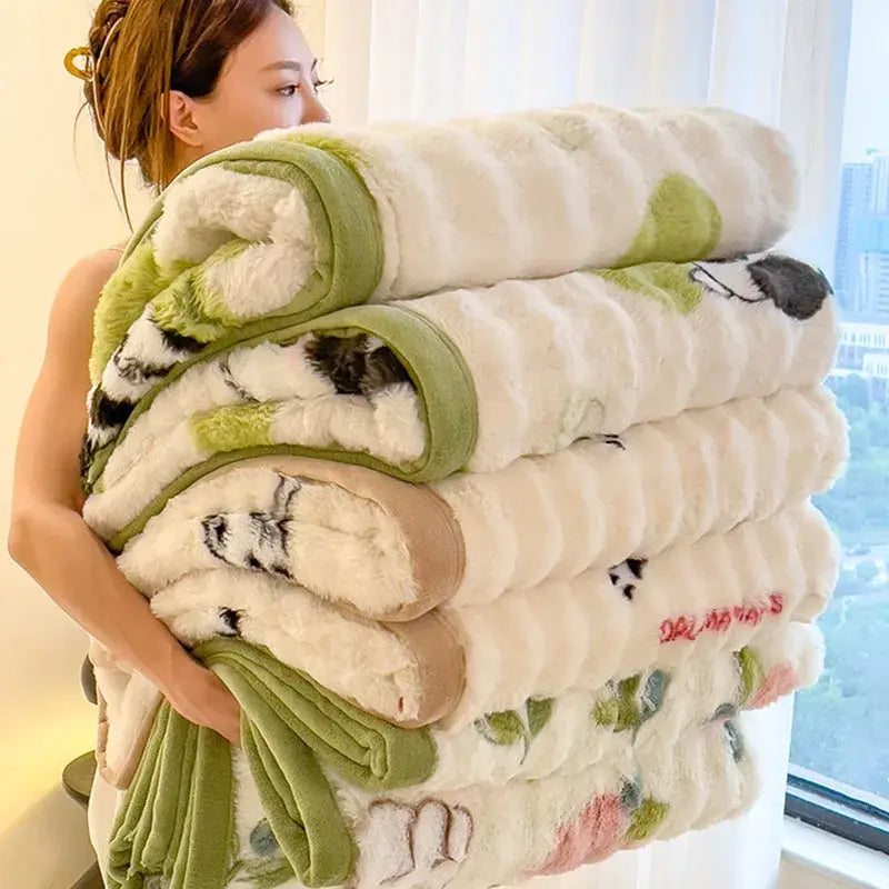 White and green cartoon printed faux rabbit plush blanket bedroom