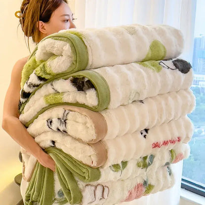White and green cartoon printed faux rabbit plush blanket bedroom