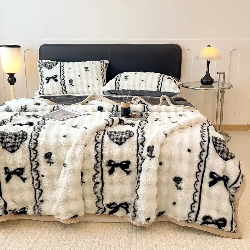 White and green cartoon printed faux rabbit plush blanket bedroom